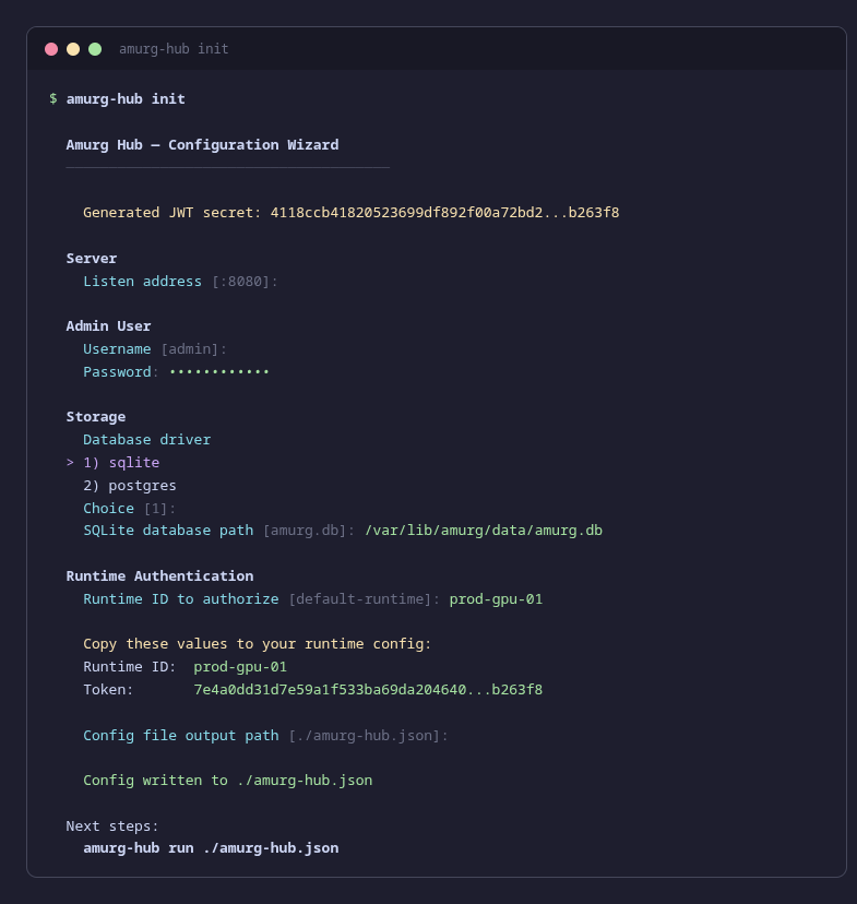 Hub init wizard showing JWT secret generation, admin user setup, storage driver selection, and runtime token creation